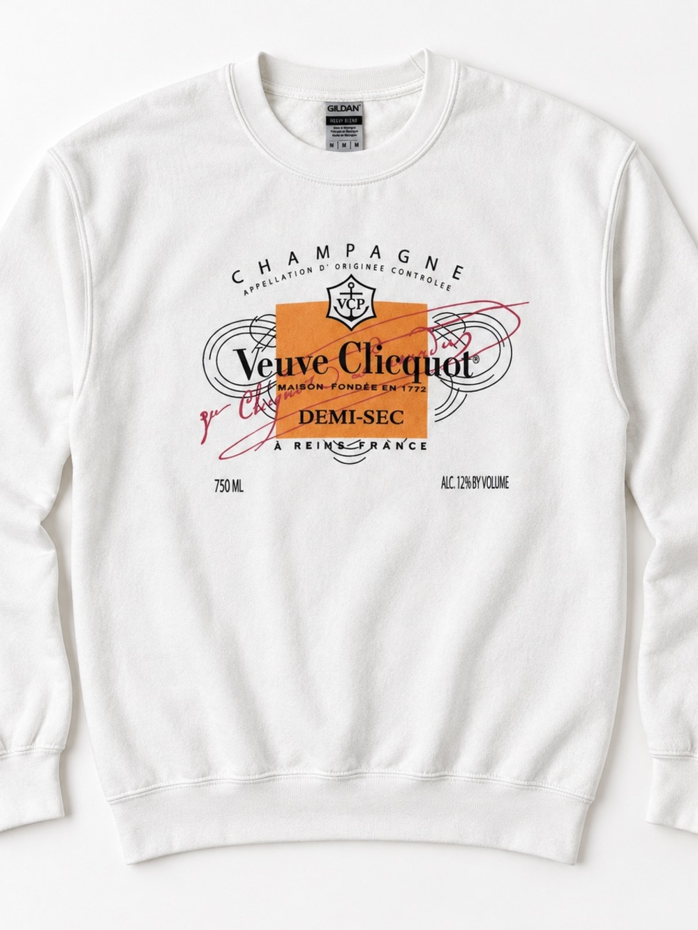 Gildan White Crewneck Sweatshirt with Orange Veuve Clicquot Graphic